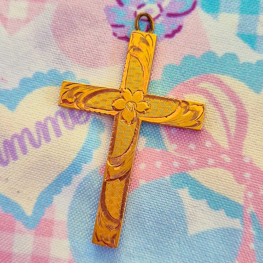 Gold Tone Floral Engraved Cross Pendant Christian Jewelry No Chain